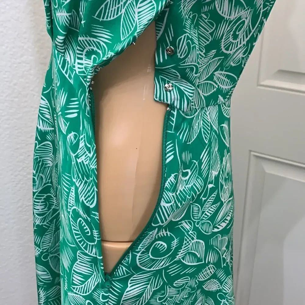 Silk Studio For Petites Size 4 💯% Silk Scoop Neck Sleeveless Green White Belted - Picture 7 of 13